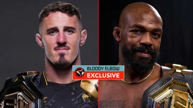 Tom Aspinall and Jon Jones with exclusive banner