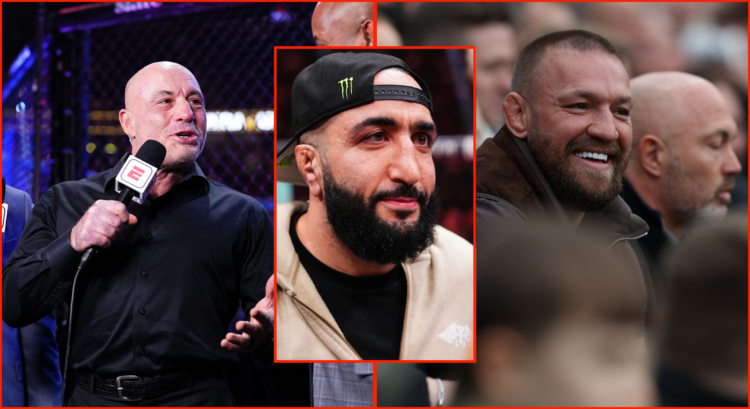 Belal Muhammad (middle) facing off with Shavkat Rakhmonov at UFC 310, Joe Rogan (left) at UFC 310, Conor McGregor (right) at soccer match