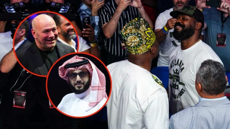 Jon Jones has words with Francis Ngannou. Inset, Dana White and Turki Alalshikh