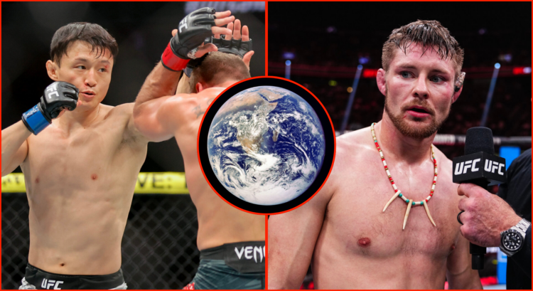 Pop out of Doo Ho Choi and Bryce Mitchell at UFC 310, and an image of Earth from Apollo 17