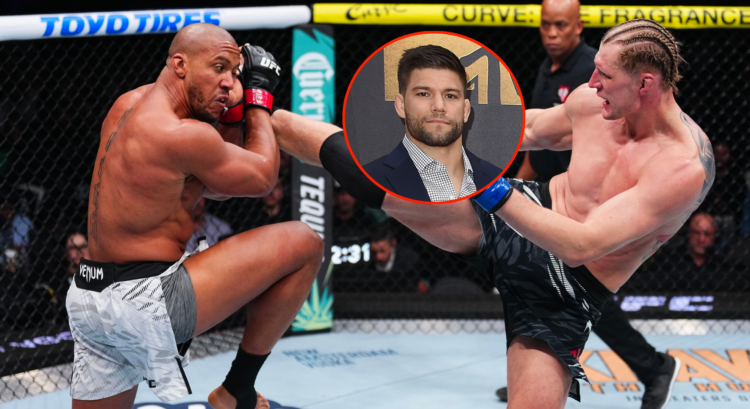 Ciryl Gane and Alexander Volkov fighting, with a bubble showing Josh Thomson