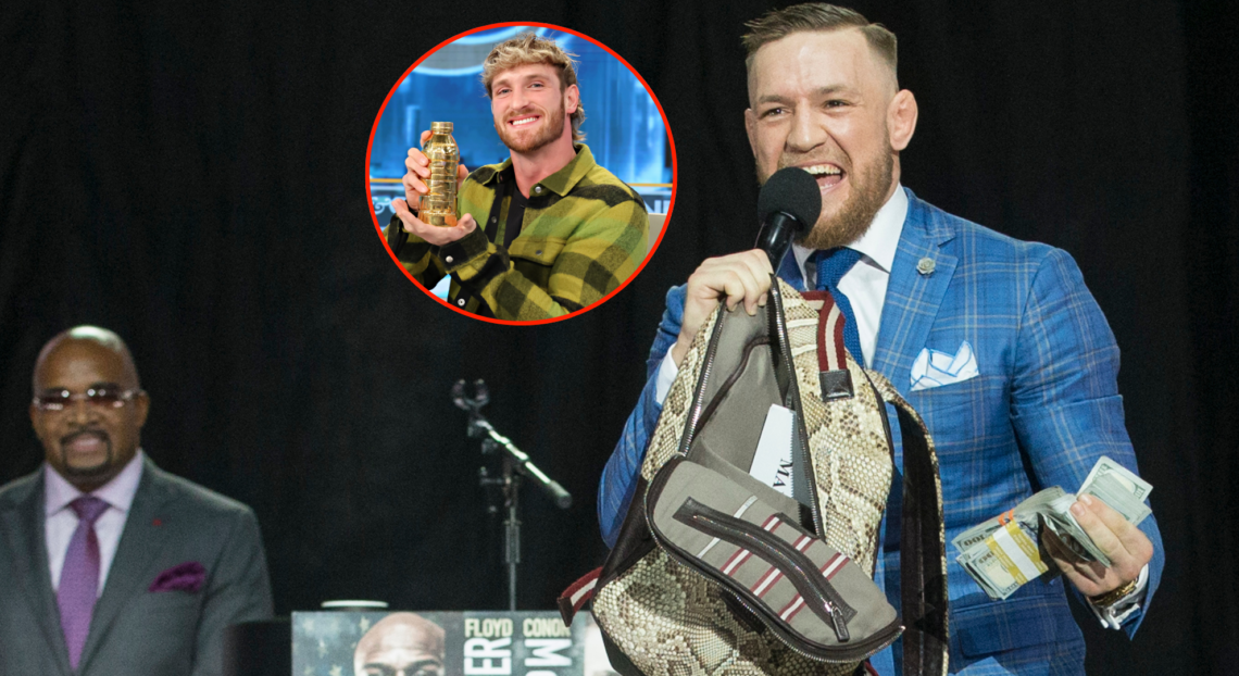 Conor McGregor holds a wad of cash at a press conference. Bubble shows Logan Paul with a golden Prime bottle
