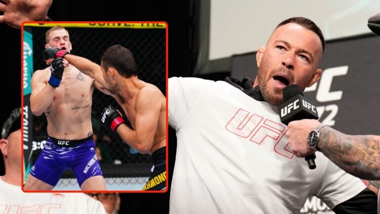 Colby Covington on stage. Inset, Shavkat Rakhmonov of Uzbekistan punches Ian Machado Garry of Ireland in a welterweight bout