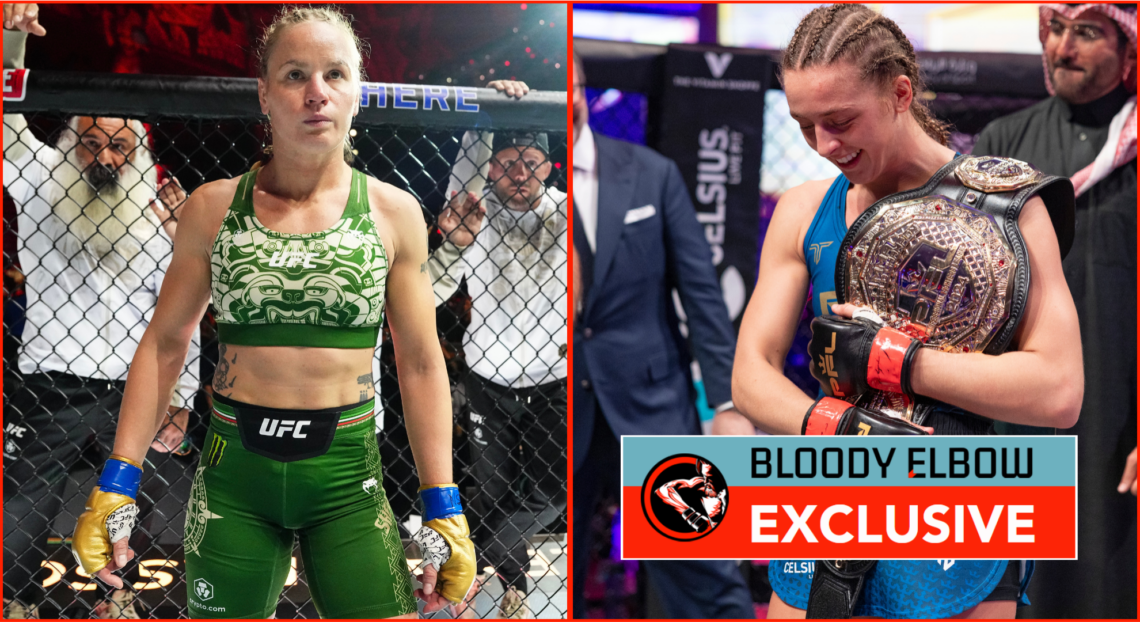 Valentina Shevchenko and Dakota Ditcheva split photo. Overlay text reads: BLOODY ELBOW EXCLUSIVE