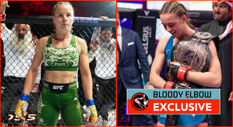 Valentina Shevchenko and Dakota Ditcheva split photo. Overlay text reads: BLOODY ELBOW EXCLUSIVE