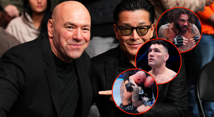 Dana White (left) during the UFC 310 fight, and pop out image of Clay Guida, Chris Weidman, and Anthony Smith