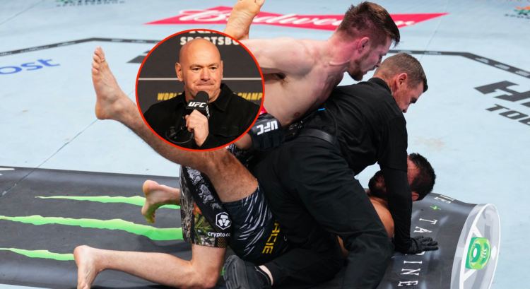 Bryce Mitchell is stopped after knocking out Kron Gracie, bubble shows Dana White speaking into a UFC microphone