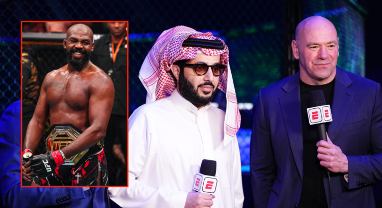Pop out of Turki Alalshikh and Dana White at UFC Fight Night: Whittaker v Aliskerov and Jon Jones at UFC 309