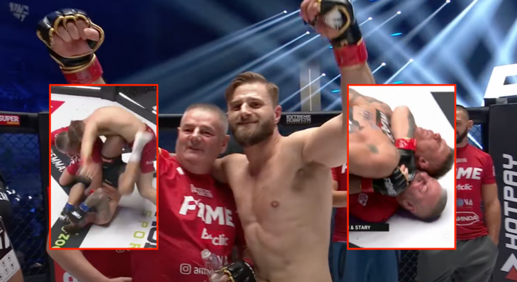 Amadeusz Ferrari with his father, after their fight (shown in blocks) with Alan Kwieciski