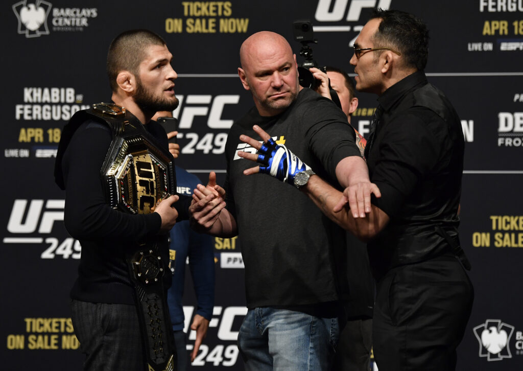 Dana White separates Khabib Nurmagomedov and Tony Ferguson at the UFC 249 press conference