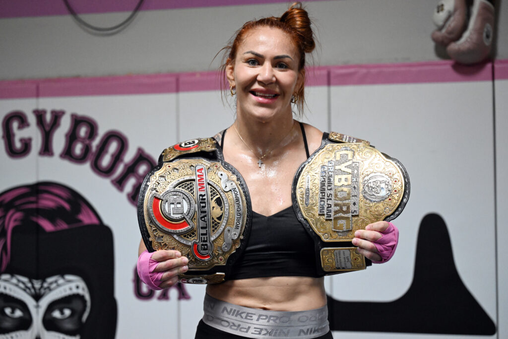 Cris Cyborg poses during her open workout ahead of Bellator 300