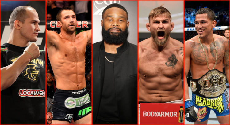 Side by side of Junior Dos Santos at UFC 146, Luke Rockhold vs Lyoto Machida, Tyron Woodley at Floyd Mayweather's Birthday Bash, Alex Gustafsson at...