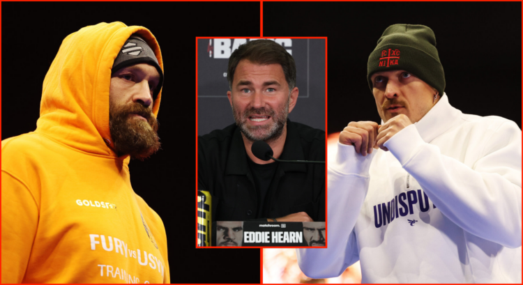 Pop out image of Tyson Fury and Oleksandr Usyk at the open workouts, and Eddie Hearn at Johnny Fisher v Alen Babic - Press Conference