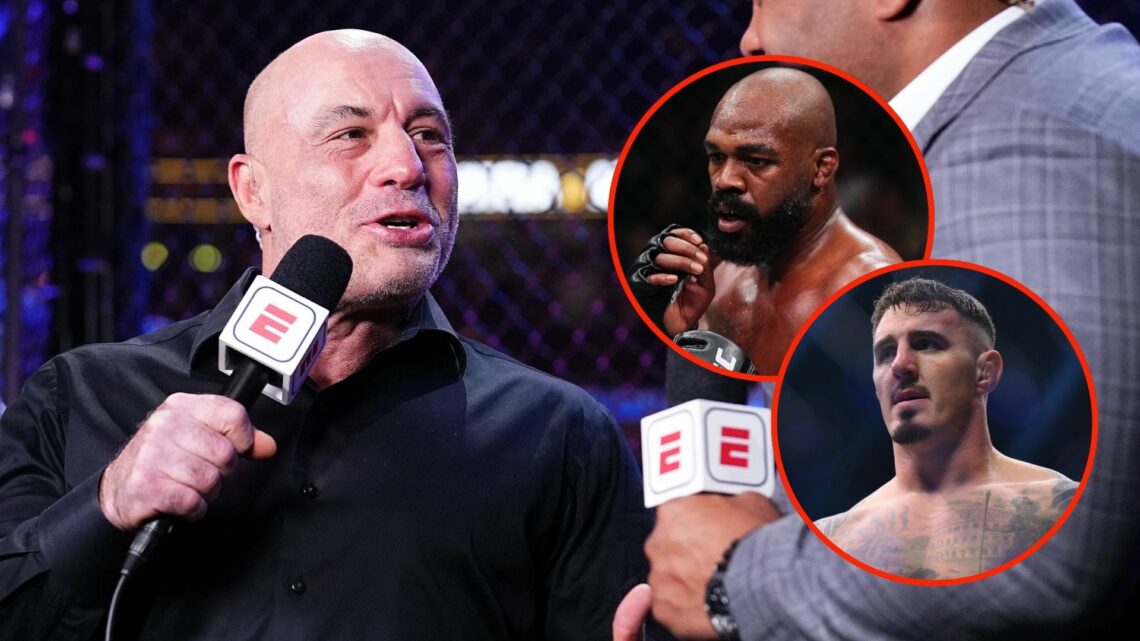 Joe Rogan with two insets of Tom Aspinall and Jon Jones