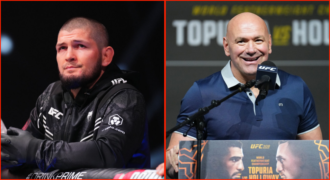 Side by side of Khabib Nurmagomedov at UFC Fight Night: Sandhagen v Nurmagomedov and Dana White at UFC 308