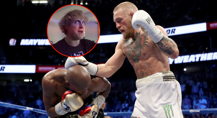 Conor McGregor punching Floyd Mayweather, with a bubble showing Logan Paul in 2017