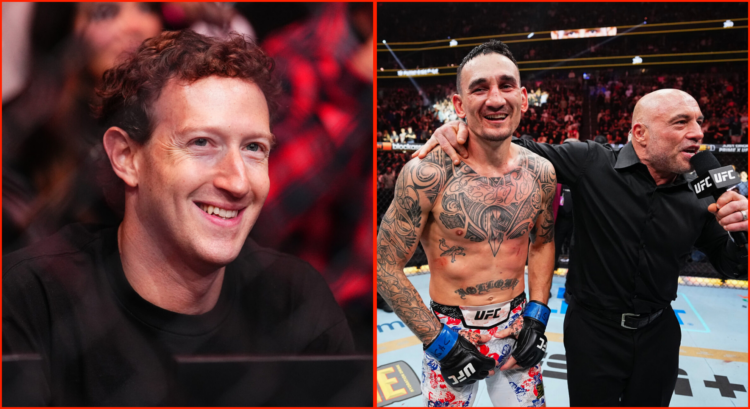 Side by side image of Mark Zuckerberg at UFC 298 and Max Holloway at UFC 300