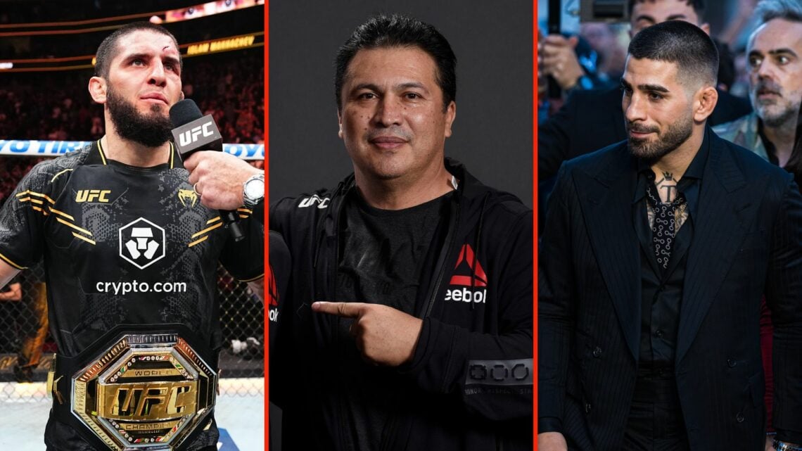 Javier Mendez (MMA coach) in a middle square, with Islam Makhachev on the left and Ilia Topuria on the right