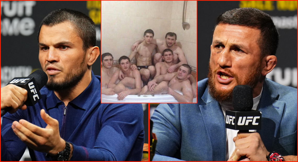 Merab Dvalishvili (right) and Umar Nurmagomedov (left) at the UFC 311 press conference and an image of Team Khabib (middle) in a jacuzzi