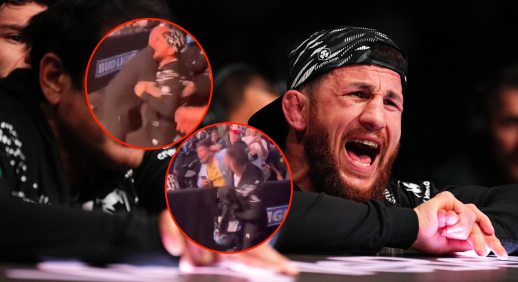 Main photo shows Merab Dvalishvili cornering a UFC fight. Bubble photos show Merab Dvalishvili in an altercation with a fan