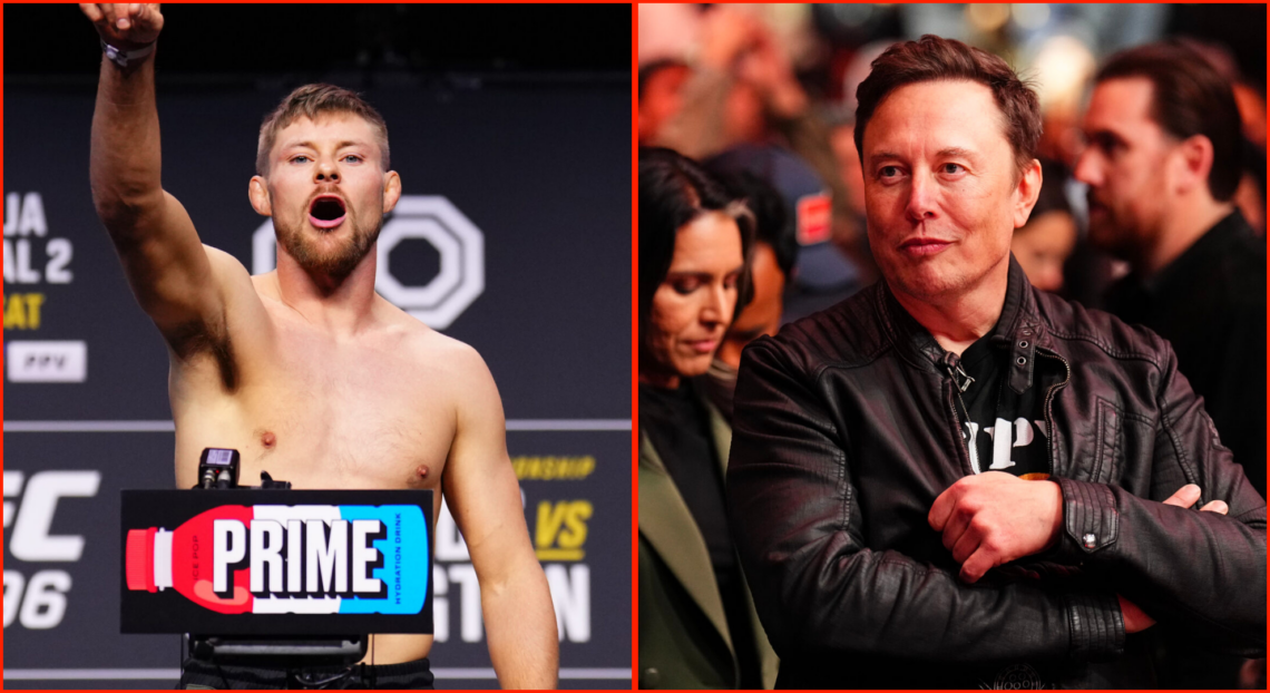 Side by side of Bryce Mitchell at UFC 296 Ceremonial Weigh-in and Elon Musk watching UFC 309: Nickal v Craig