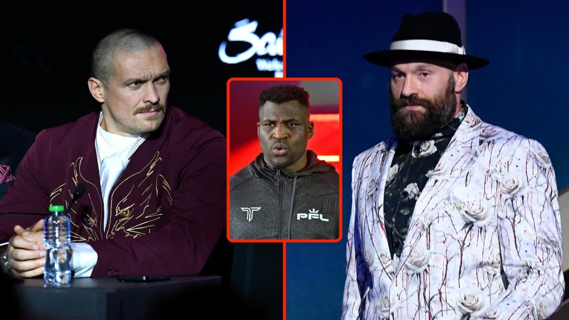 Tyson Fury and Oleksandr Usyk. Inset, Francis Ngannou.