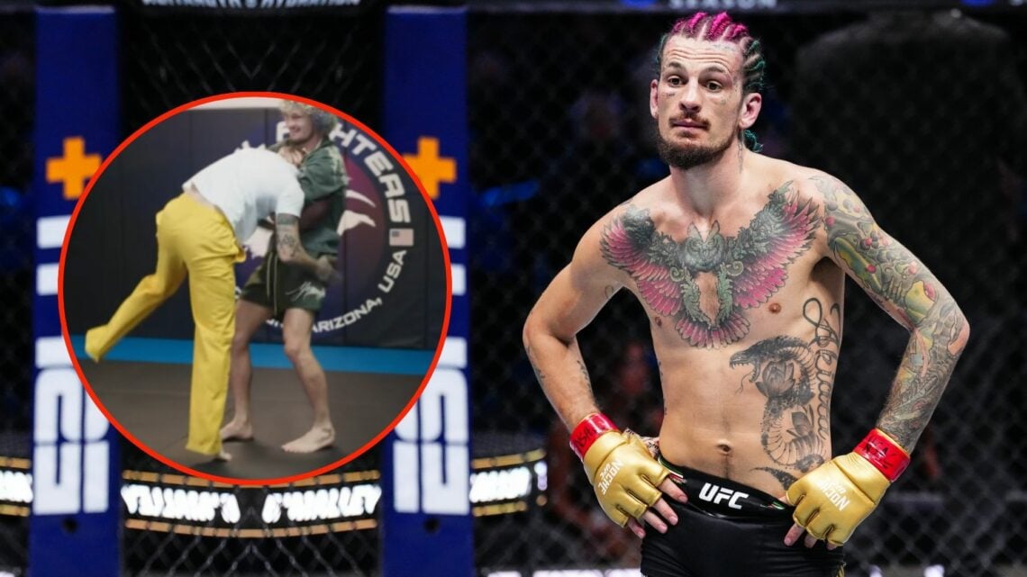 Sean O'Malley reacts to the end of the round in the UFC bantamweight championship fight.