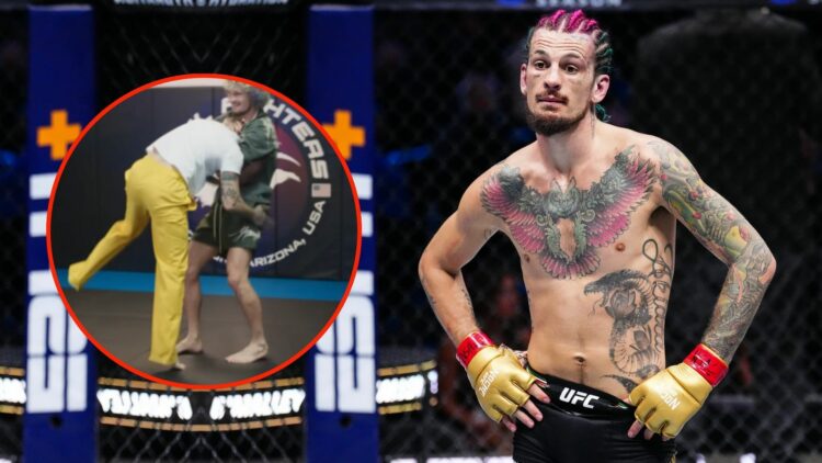 Sean O'Malley reacts to the end of the round in the UFC bantamweight championship fight.