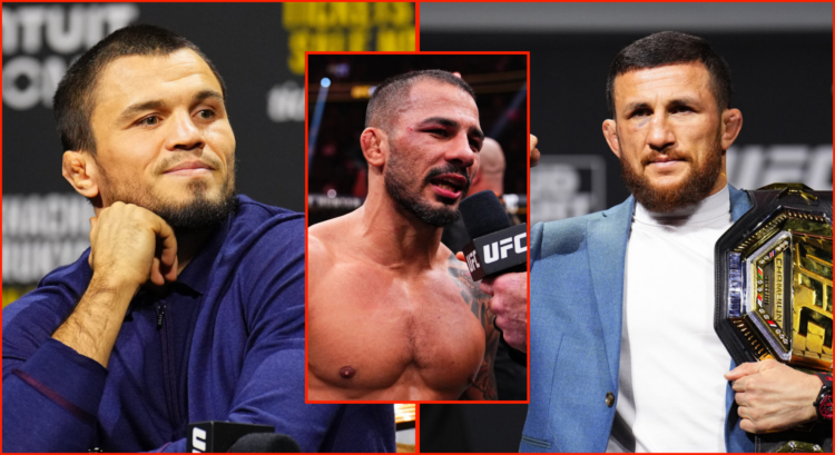 Split image of Merab Dvalishvili and Umar Nurmagomedov at the UFC 311 pre-fight press conference, and Alexandre Pantoja at UFC 310