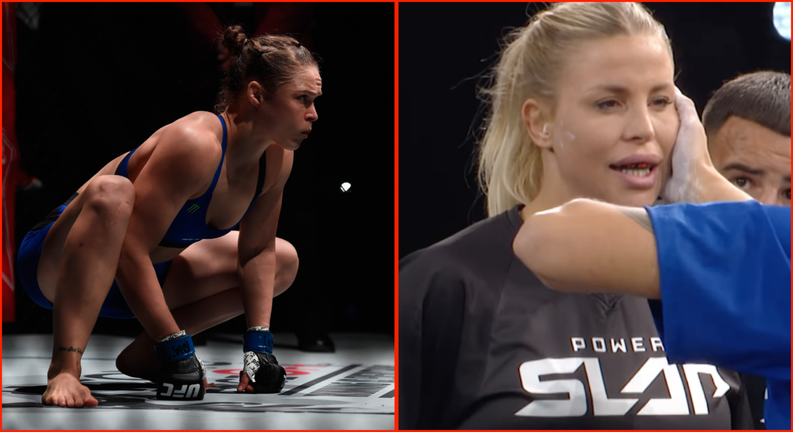 Ronda Rousey (left) before UFC 207 fight, Franciska Szabo (righ) during Power Slap fight
