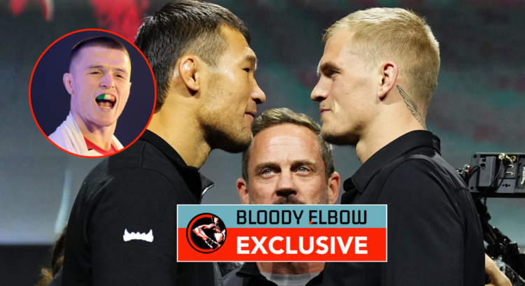 Shavkat Rakhmonov and Ian Machado Garry facing off, with a bubble showing Paul Hughes. Overlay text reads: BLOODY ELBOW EXCLUSIVE