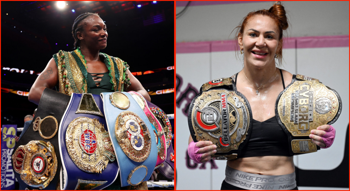 Side by side of Claressa Shields at Shields v Cornejo and Bellator Women's Featherweight Champion Cris Cyborg open workout