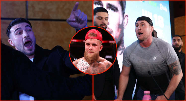 Left photo shows Tommy Fury, Right photo shows Darren Till, centre bubble shows Jake Paul