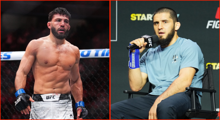 Side by side of Arman Tsarukyan at UFC 300 and Islam Makhachev at UFC UFC Fight Night: Sandhagen v Nurmagomedov Ceremonial Weigh-in