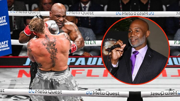 Mike Tyson (in black short) and Jake Paul (in silver short) exchange punches during their heavyweight world titles. Inset, Lennox Lewis.
