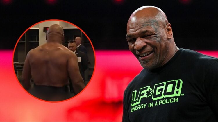 Mike Tyson during an open workout session, held at Toyota Music Factory in Irving, Texas, USA, ahead of his heavyweight bout. Inset, a screenshot f...