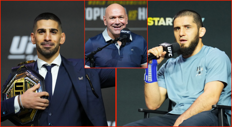 Pop out of Ilia Topuria and Dana White at UFC 308, Islam Makhachev at UFC Fight Night: Sandhagen v Nurmagomedov.