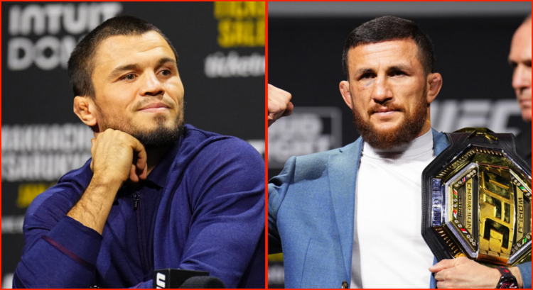 Side by side of Umar Nurmagomedov and Merab Dvalishvili at UFC 311 press conference
