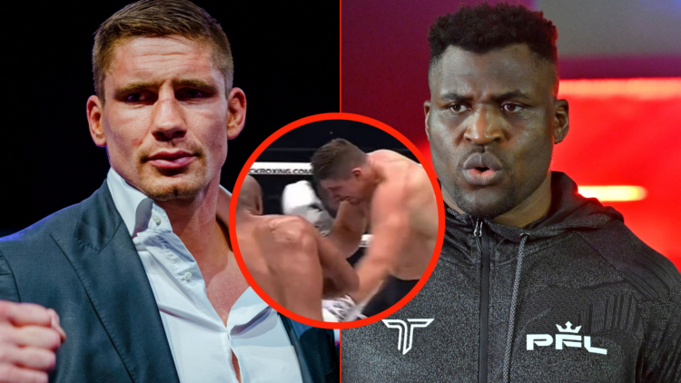 Rico Verhoeven, Francis Ngannou, and Rico Verhoeven fighting at Glory: Collison &