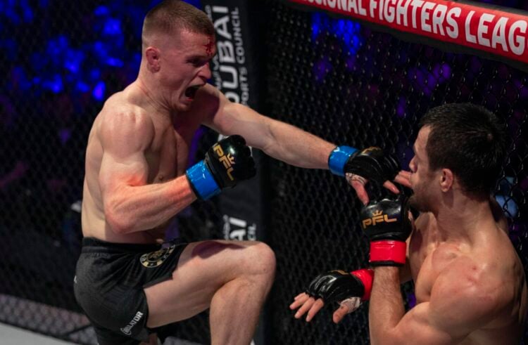 Paul Hughes and Usman Nurmagomedov fighting in PFL