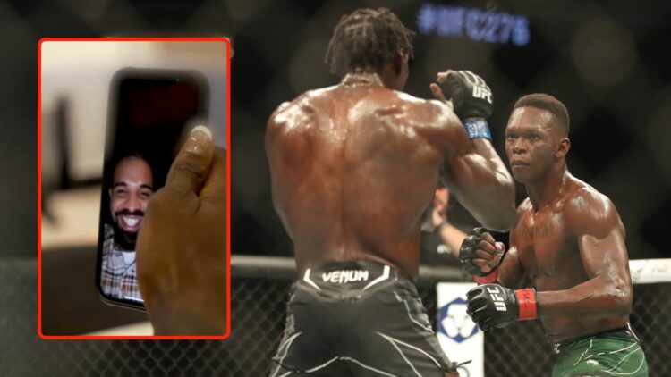 Israel Adesanya battles Jared Cannonier in their 5-round Middleweight title bout during UFC 276 on July 02, 2022. Inset, a screenshot of Adesanya's...