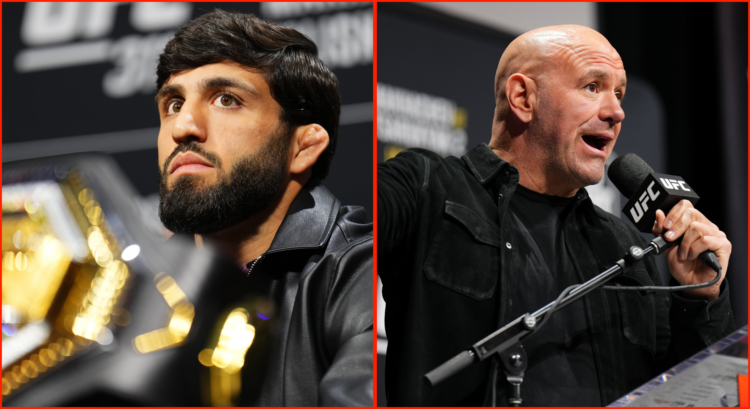 Arman Tsarukyan (left) and Dana White (right) at the UFC 311 pre-fight press conference