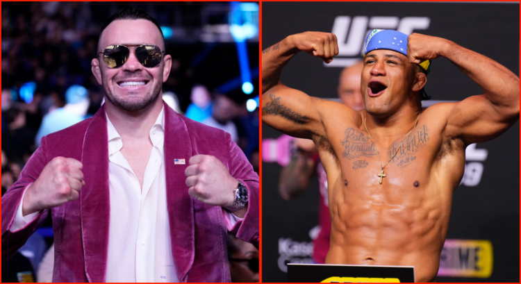 Side by side of Colby Covington at UFC 286 and Gilbert Burns at UC 299