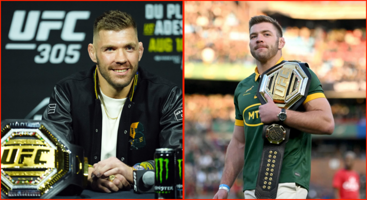 Split image of Dricus DU Plessis at South Africa v Ireland and at UFC 305