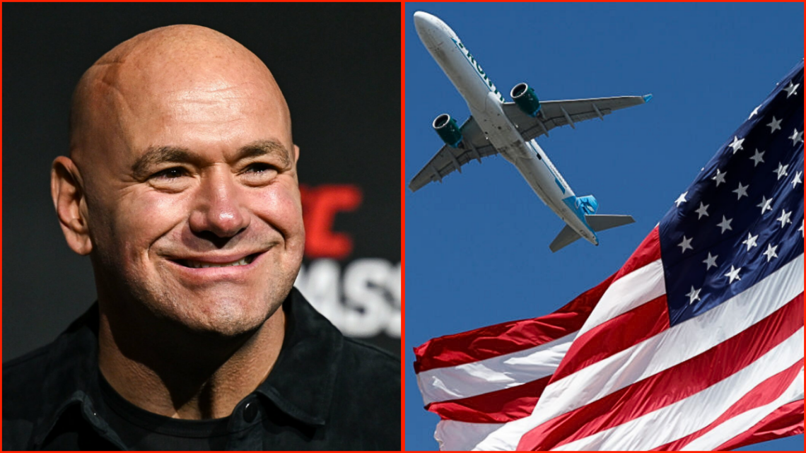 UFC CEO Dana White (left), Frontier Airlines jet in front of an American flag (right)
