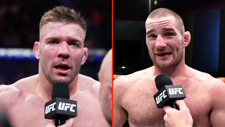 Split image of Dricus Du Plessis (L) and Sean Strickland (R) being interviewed