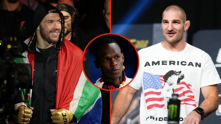 Dricus Du Plessis and Sean Strickland with a centre pop out of Israel Adesanya