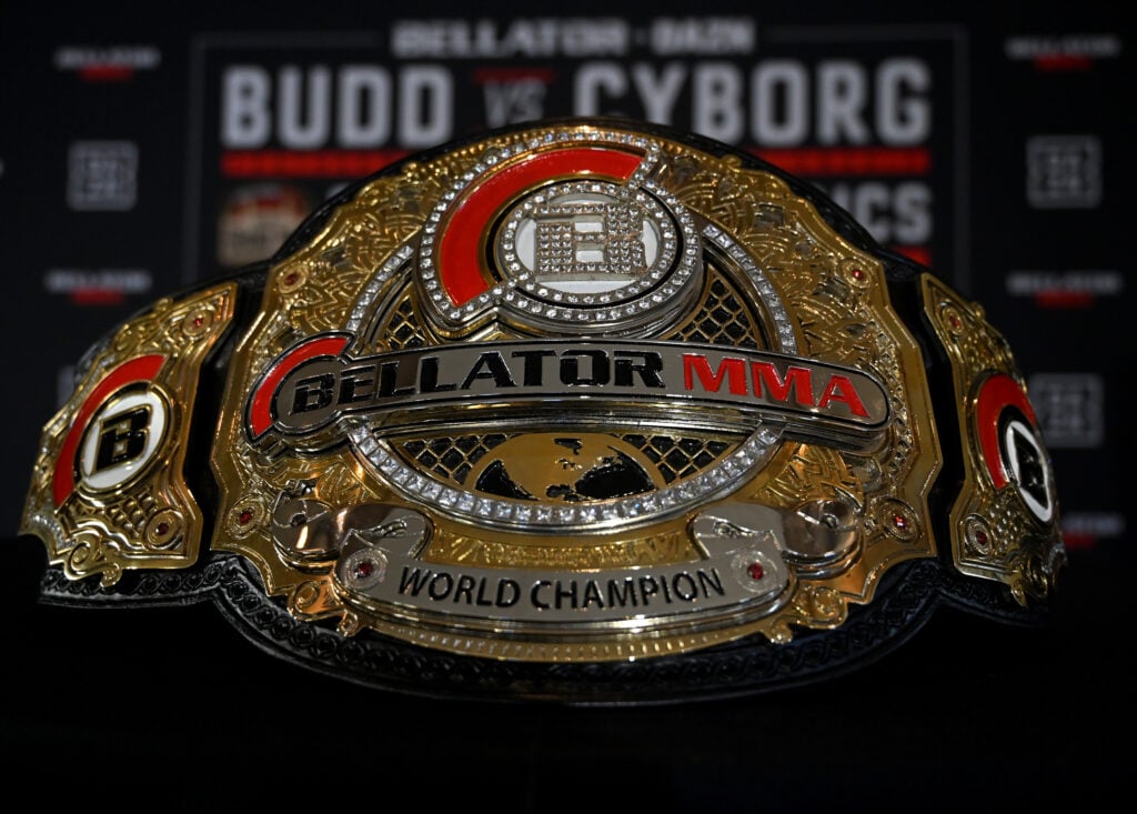 Detailed view of the Bellator women's featherweight title at the Bellator 238 media day
