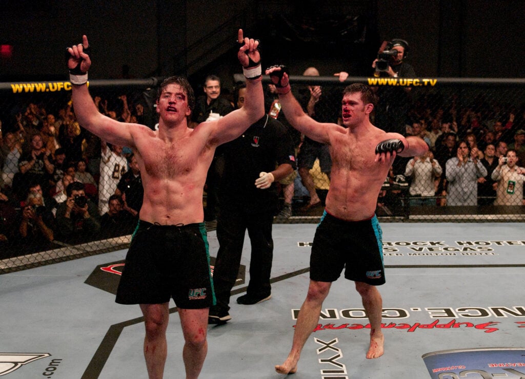 Stephan Bonnar and Forrest Griffin celebrate at the end of their first fight