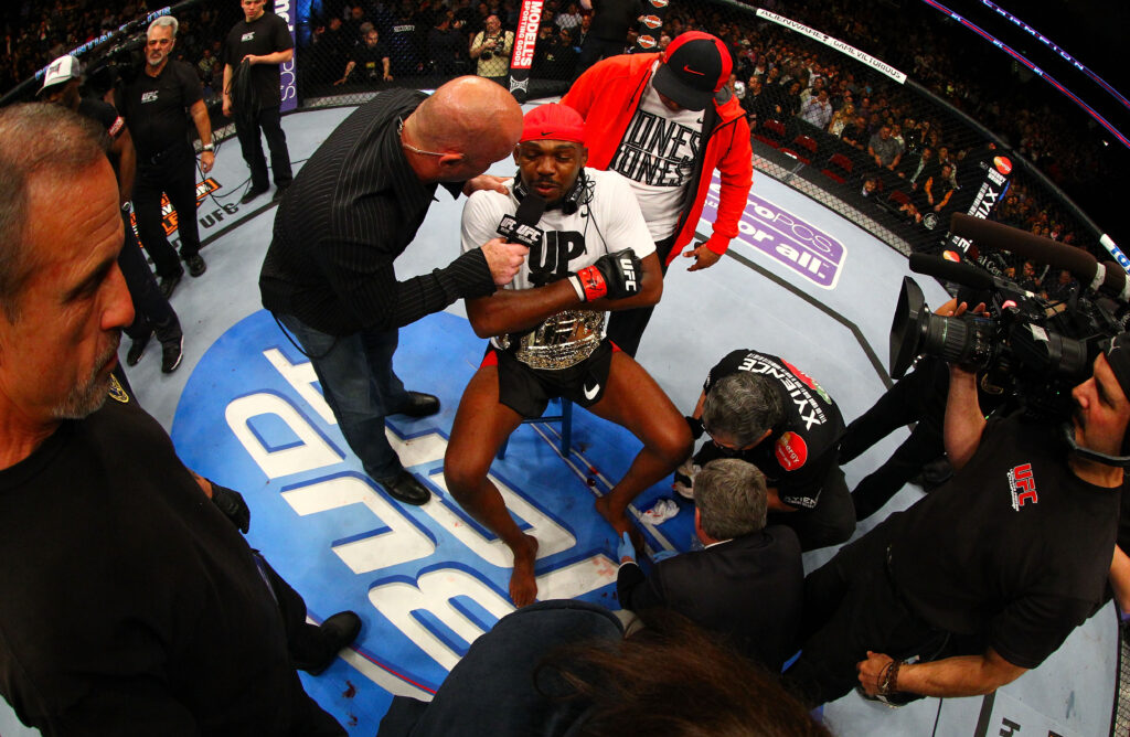 Jon Jones gets interviewed by Joe Rogan at UFC 159 after stopping Chael Sonnen